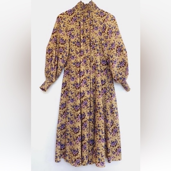 Yellow and Purple Ruffled Tiered Midi Dress with Mock Neck - Picture 2 of 9